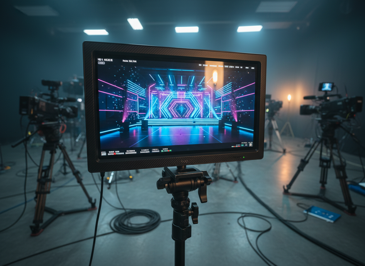 A sleek, high-end director’s monitor resting on a sturdy black stand in a dim television studio, its ultra-sharp screen displaying a frozen frame of a bright, colorful music performance set without any visible performers. Around it, blurred out-of-focus cameras, matte-black tripods, and coiled XLR cables suggest a busy production environment. Cool overhead studio lights and a single warm practical lamp in the background create a cinematic contrast, with soft reflections gliding across the monitor’s glass surface. Shot at eye level with a shallow depth of field, the image feels professional and precise, in clean photographic realism, emphasizing the craft of directing and producing without showing any people.