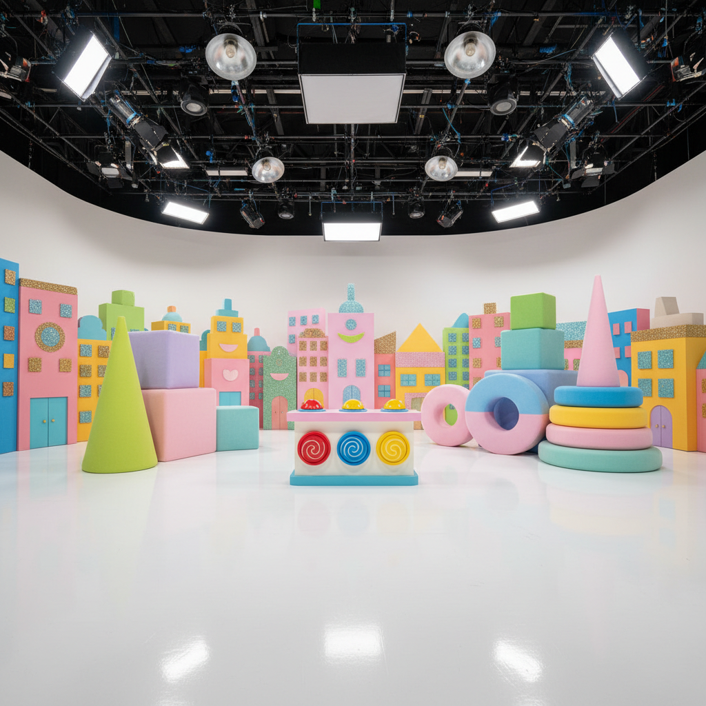A whimsical children’s television set built at studio scale, featuring oversized pastel-colored geometric props, a smiling cartoonish cardboard city skyline, and a brightly painted game-show style podium with oversized buttons, all devoid of characters. The floor is a glossy white cyclorama reflecting splashes of color from the set pieces. Overhead, rigged studio lights and softboxes are visible, casting even, diffused illumination that eliminates harsh shadows. The mood is playful yet meticulously organized, suggesting a high-production kids’ format. Shot from a slightly low, wide-angle perspective to exaggerate the scale and depth, with sharp focus throughout, in vibrant photographic realism that feels energetic, imaginative, and professionally constructed.