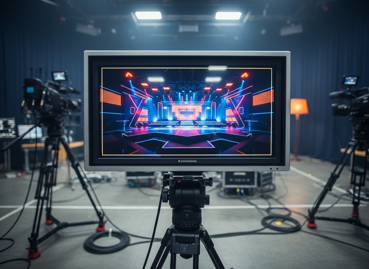A sleek, high-end director’s monitor resting on a sturdy black stand in a dim television studio, its ultra-sharp screen displaying a frozen frame of a bright, colorful music performance set without any visible performers. Around it, blurred out-of-focus cameras, matte-black tripods, and coiled XLR cables suggest a busy production environment. Cool overhead studio lights and a single warm practical lamp in the background create a cinematic contrast, with soft reflections gliding across the monitor’s glass surface. Shot at eye level with a shallow depth of field, the image feels professional and precise, in clean photographic realism, emphasizing the craft of directing and producing without showing any people.