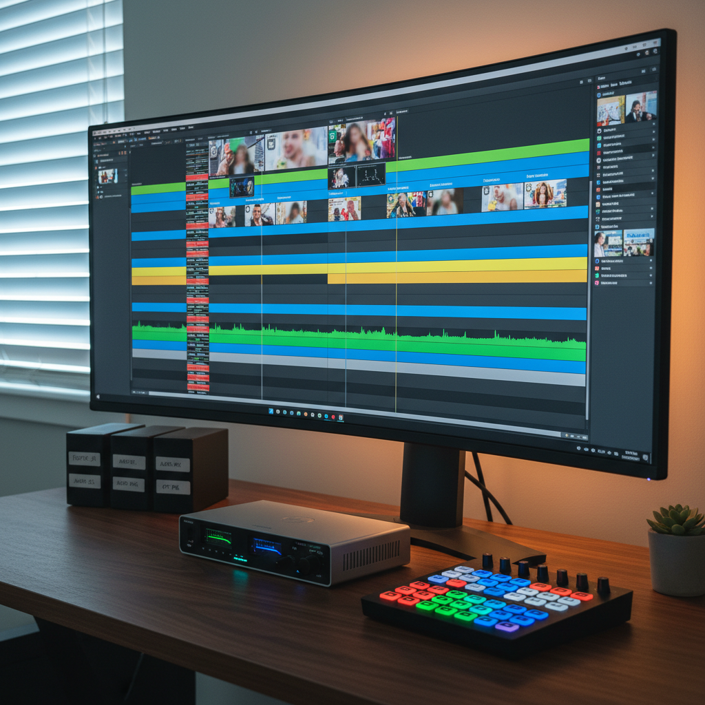 An immaculate edit suite featuring a large ultra-wide curved monitor filled with a complex video editing timeline of a family-friendly television show, bright color blocks and waveforms visible but no recognizable faces. Surrounding the monitor, a compact audio interface with glowing LED meters, a wireless control surface with color-coded dials, and neatly labeled external drives line a dark walnut desk. Soft, cool daylight filters through a partially closed blind, mixing with subtle warm bias lighting behind the screen, creating a focused yet comfortable atmosphere. Captured from a three-quarter angle with moderate depth of field, this photographic realism composition highlights meticulous post-production work in a clean, modern, professional environment.