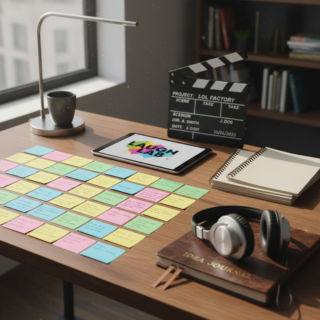 A polished producer’s desk laid out like a visual storyboard for a new comedy format: color-coded index cards with episode beats, neatly stacked scripts, a closed slate with crisp white lettering, and a pair of over-ear studio headphones resting atop a leather-bound notebook. A tablet displays a colorful show logo concept composed only of abstract shapes and typography, no faces. Afternoon window light streams in from the left, skimming across the textured paper and brushed-metal desk lamp, casting long, soft shadows. Photographed from a slightly elevated angle with a shallow depth of field, the composition feels organized, strategic, and creative, embodying professional planning in clean photographic realism.