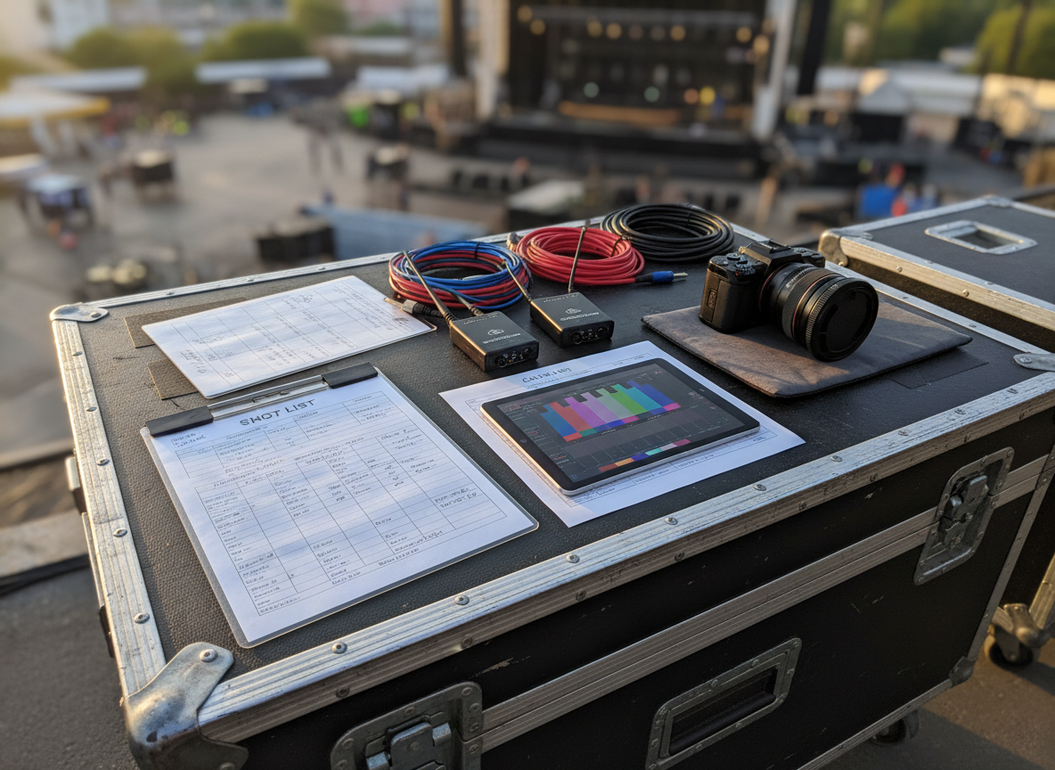 A dynamic overhead shot of a production table on location for a music television shoot, covered with laminated shot lists, a detailed call sheet, neatly coiled colored cables, wireless audio receivers, and a compact digital cinema camera set down carefully with its lens cap on. A tablet nearby displays a vibrant waveform monitor and safe color bars. The setup rests on a rugged black road case with scuffed metal edges, hinting at extensive use. Late-afternoon golden-hour light grazes the table from one side, creating dramatic highlights and rich shadows, while the background falls into soft blur. The photographic realism and rule-of-thirds composition evoke high-energy, on-the-go professionalism in television and film production without featuring any human presence.
